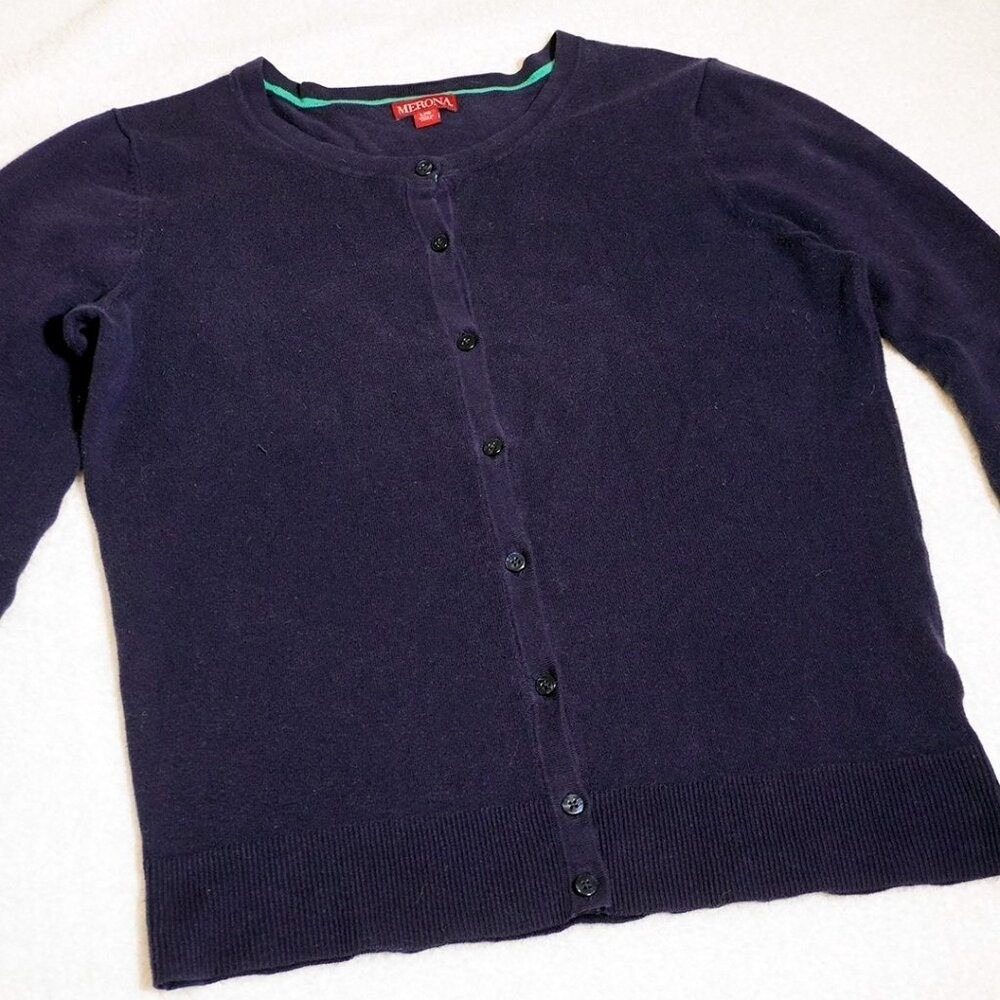 Merona Navy Button-Front Cardigan Sweater Large 12 Plus Size Classic - Picture 2 of 4